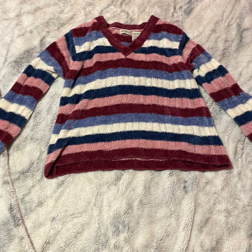 Pink, white, purple, blue sweater v-neck / worn one for about an hour